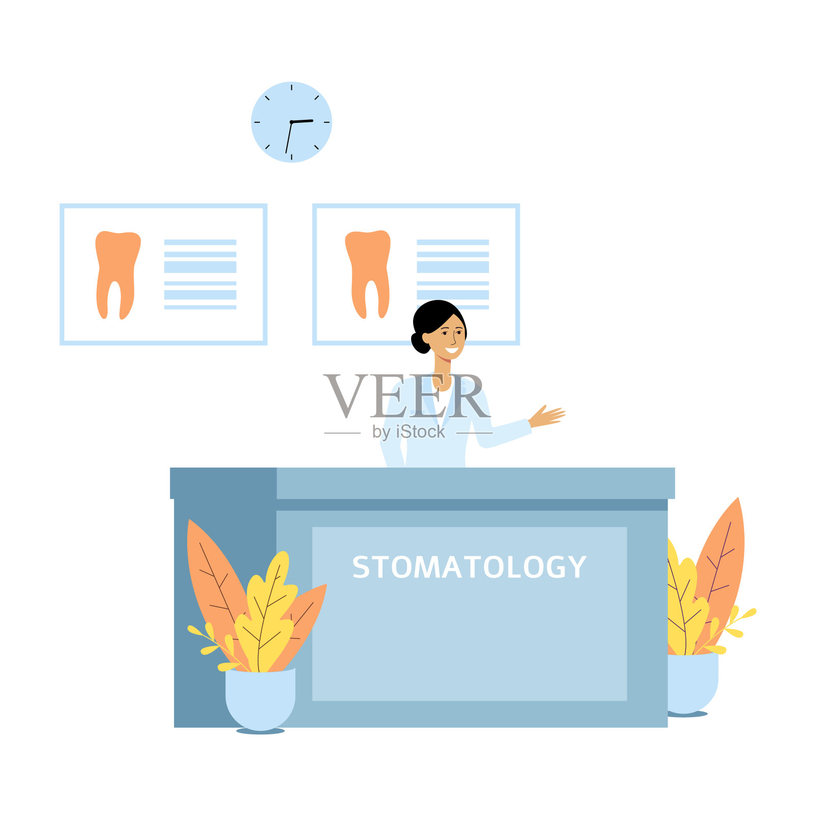 管理员在牙科诊所接待处平病媒示孤立。插画图片素材