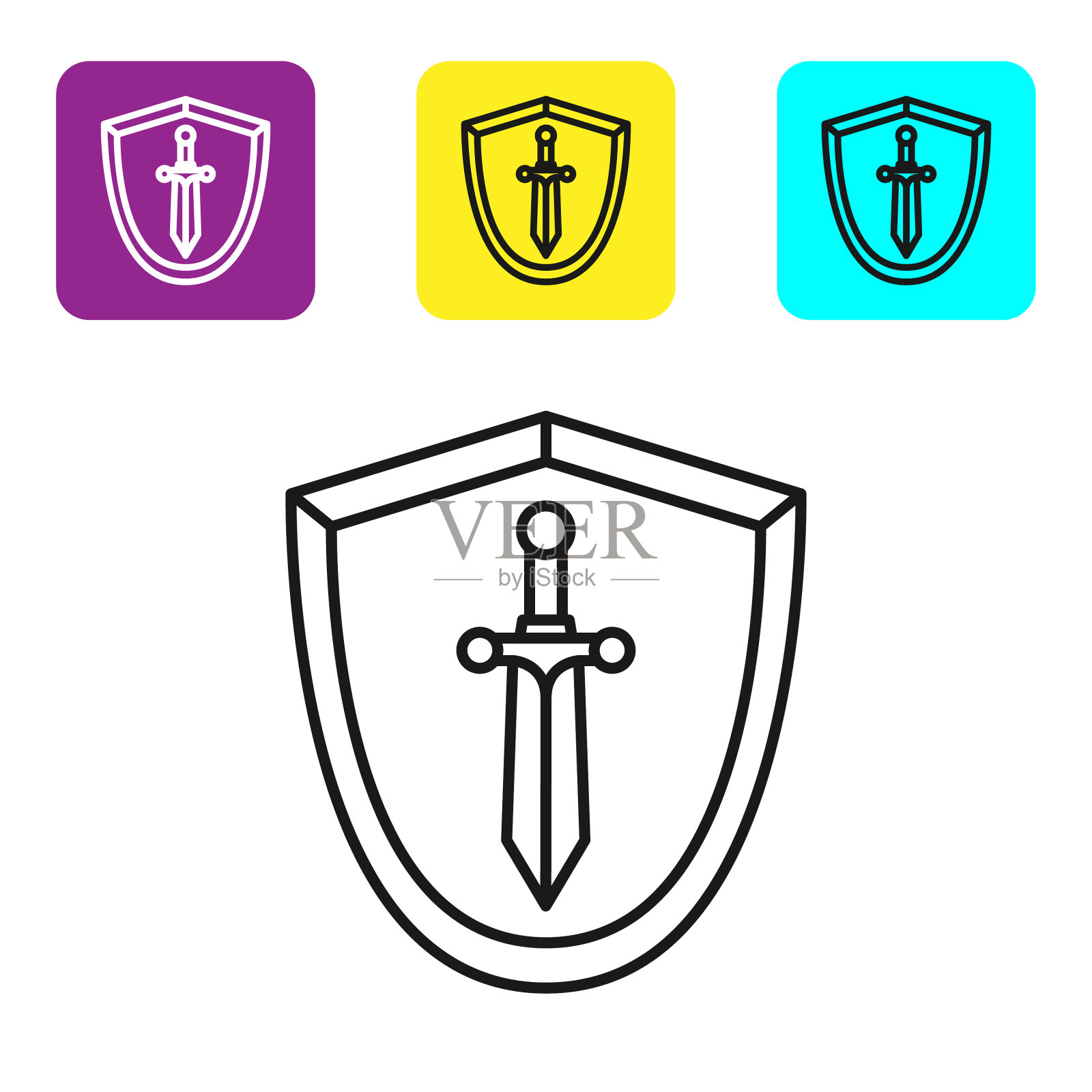 黑线中世纪盾牌与剑的图标插画图片素材