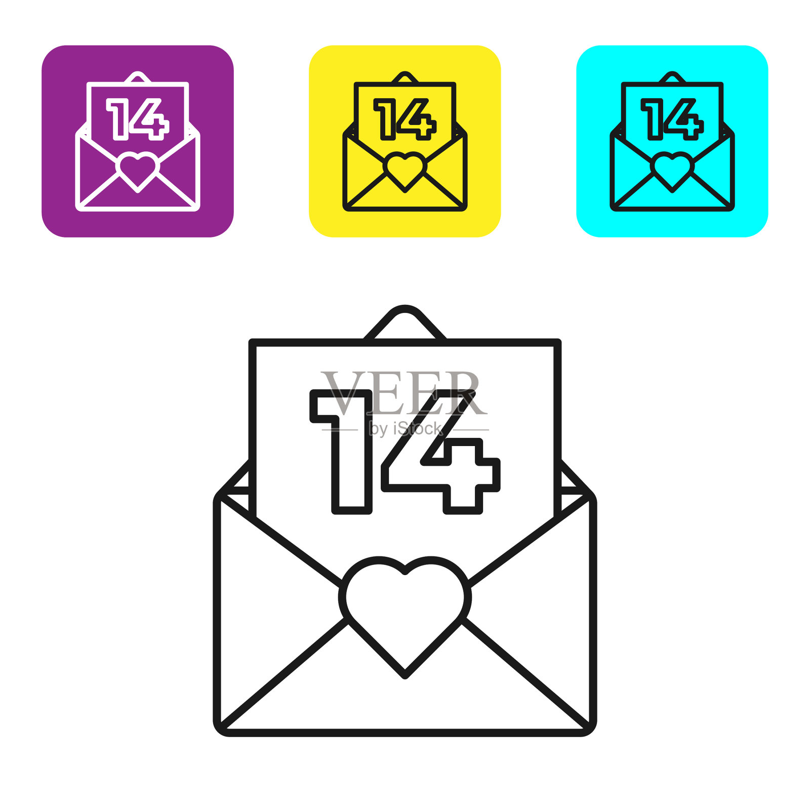 黑色线信封与情人节心的图标图标素材