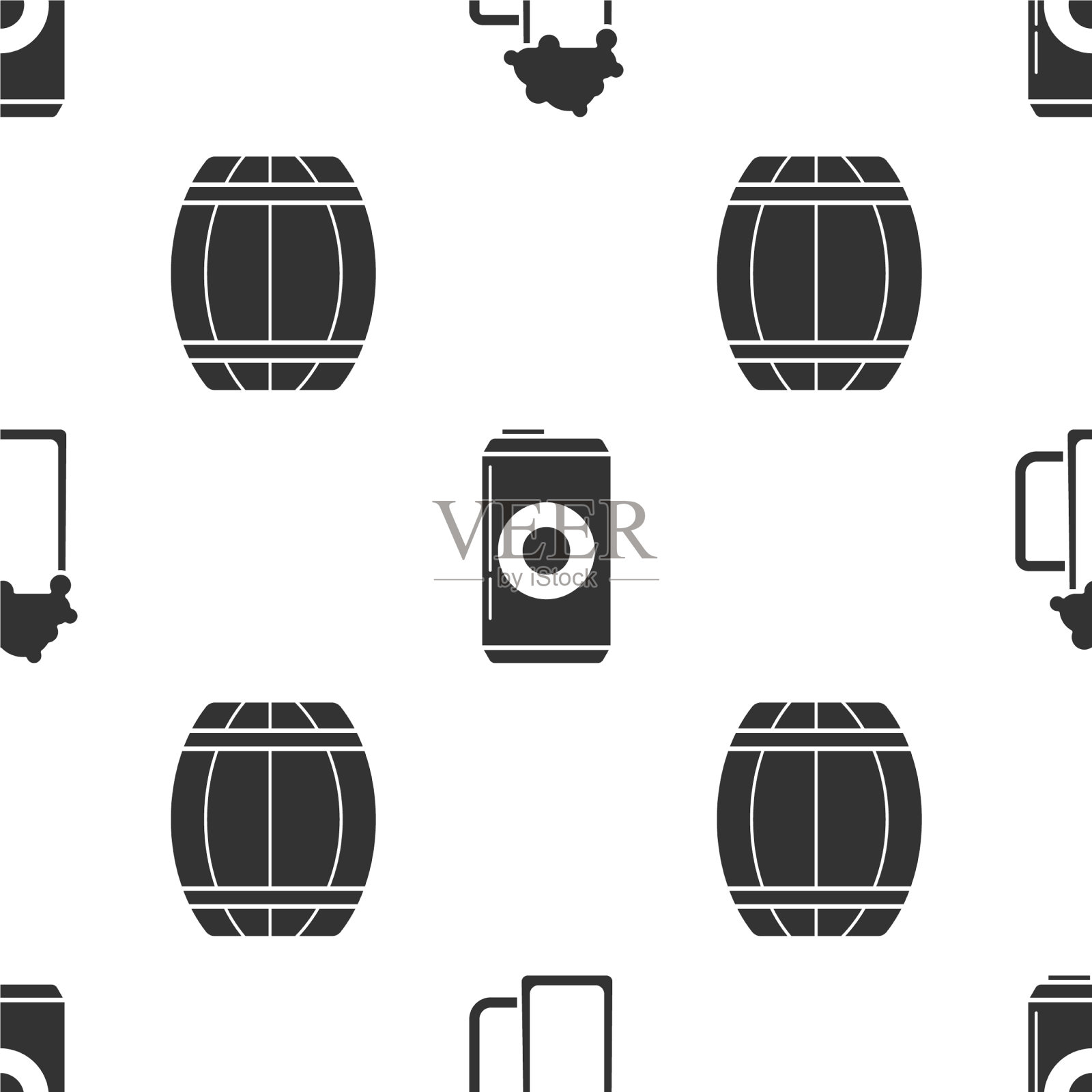 放置玻璃啤酒、啤酒罐和木桶图标素材