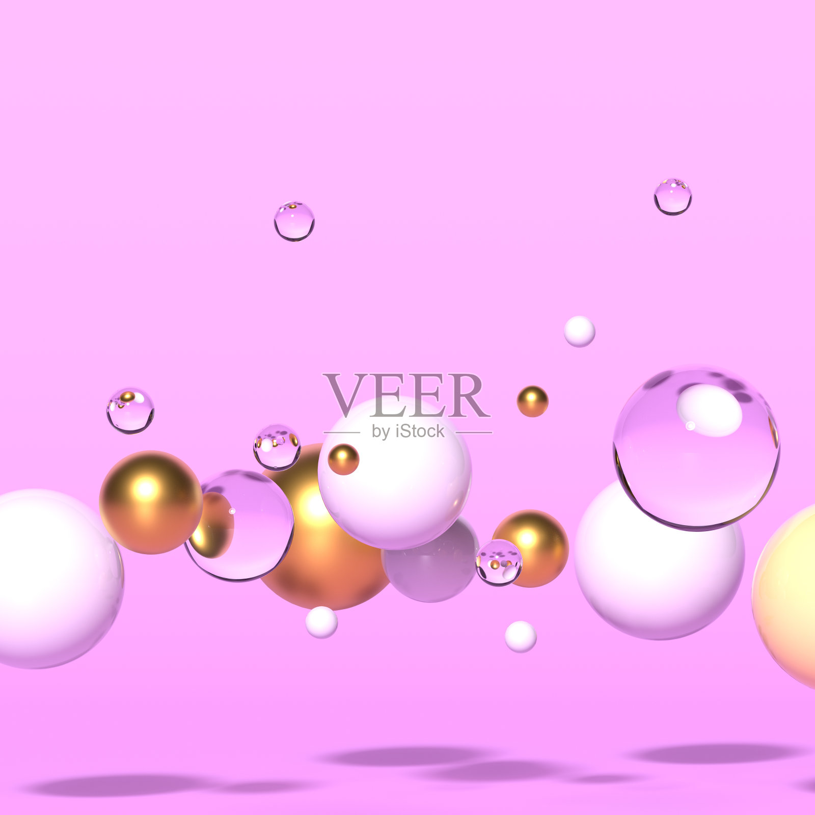 抽象的构图，金色，透明，黄色和白色的球体在空中飞行在粉红色的背景。彩色光泽泡沫。未来的背景。3 d渲染。照片摄影图片