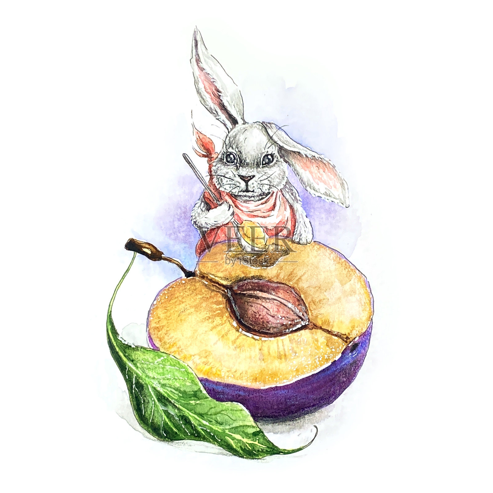 可爱的兔子正在吃熟李子。慈祥儿童水彩插画。插画图片素材