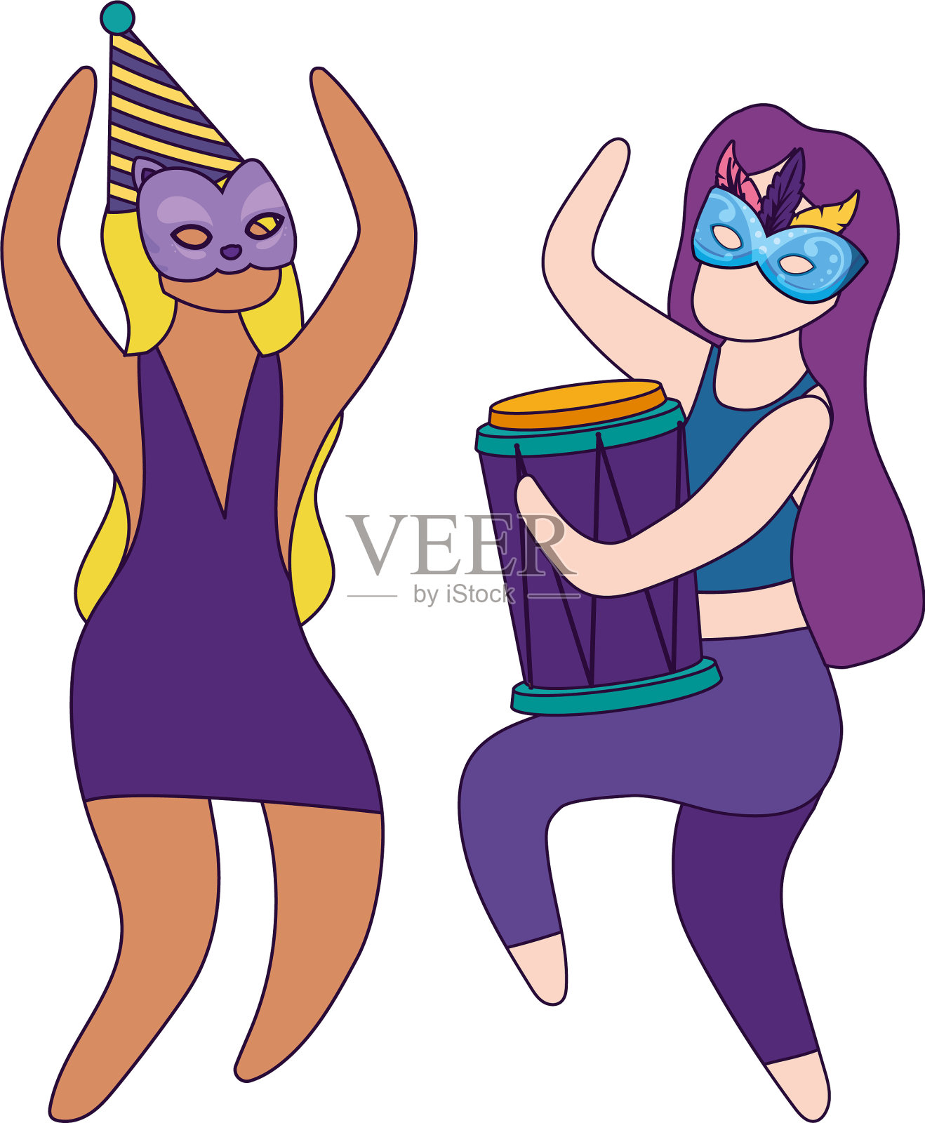 女人们戴着狂欢节面具，戴着帽子，打着鼓设计元素图片