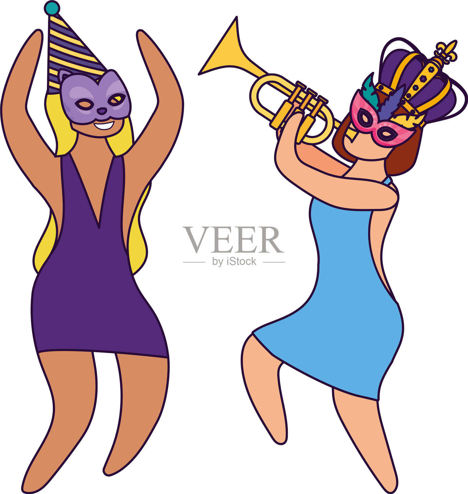 女人们戴着狂欢节面具、帽子、皇冠和喇叭设计元素图片