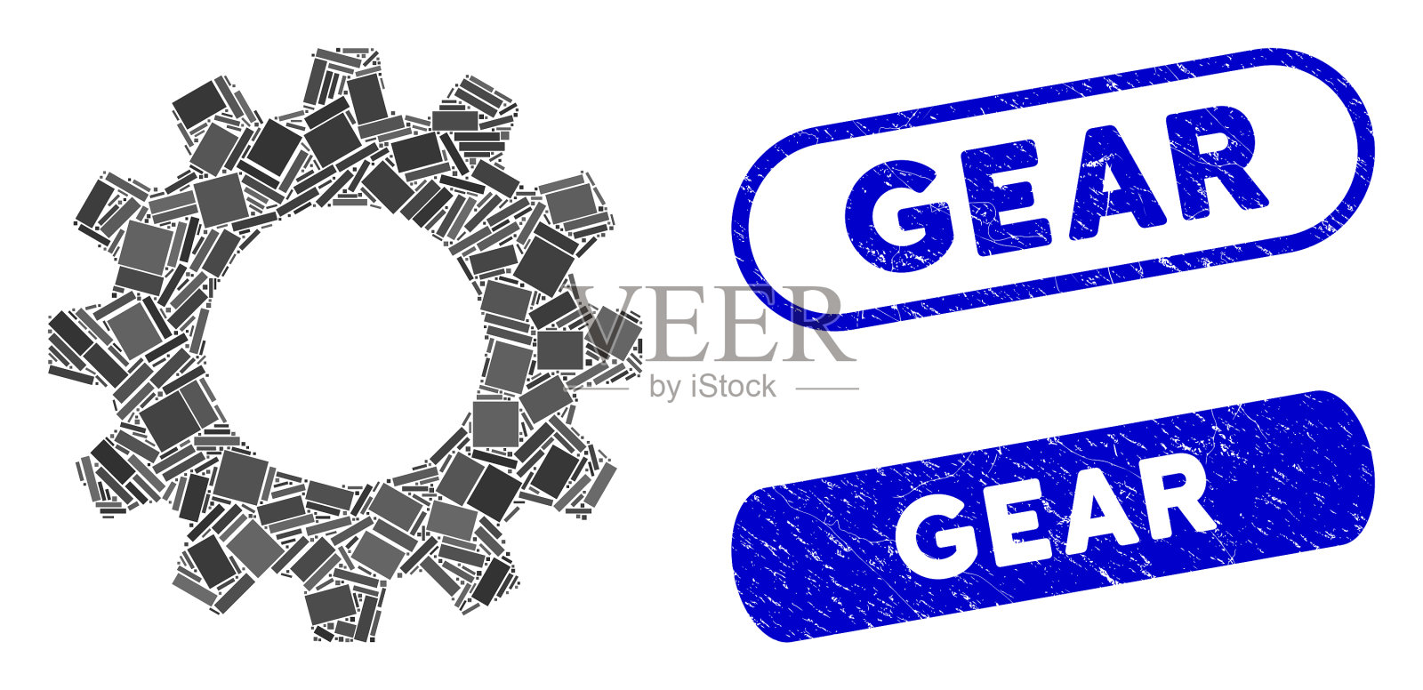 矩形拼贴齿轮与划伤齿轮密封插画图片素材