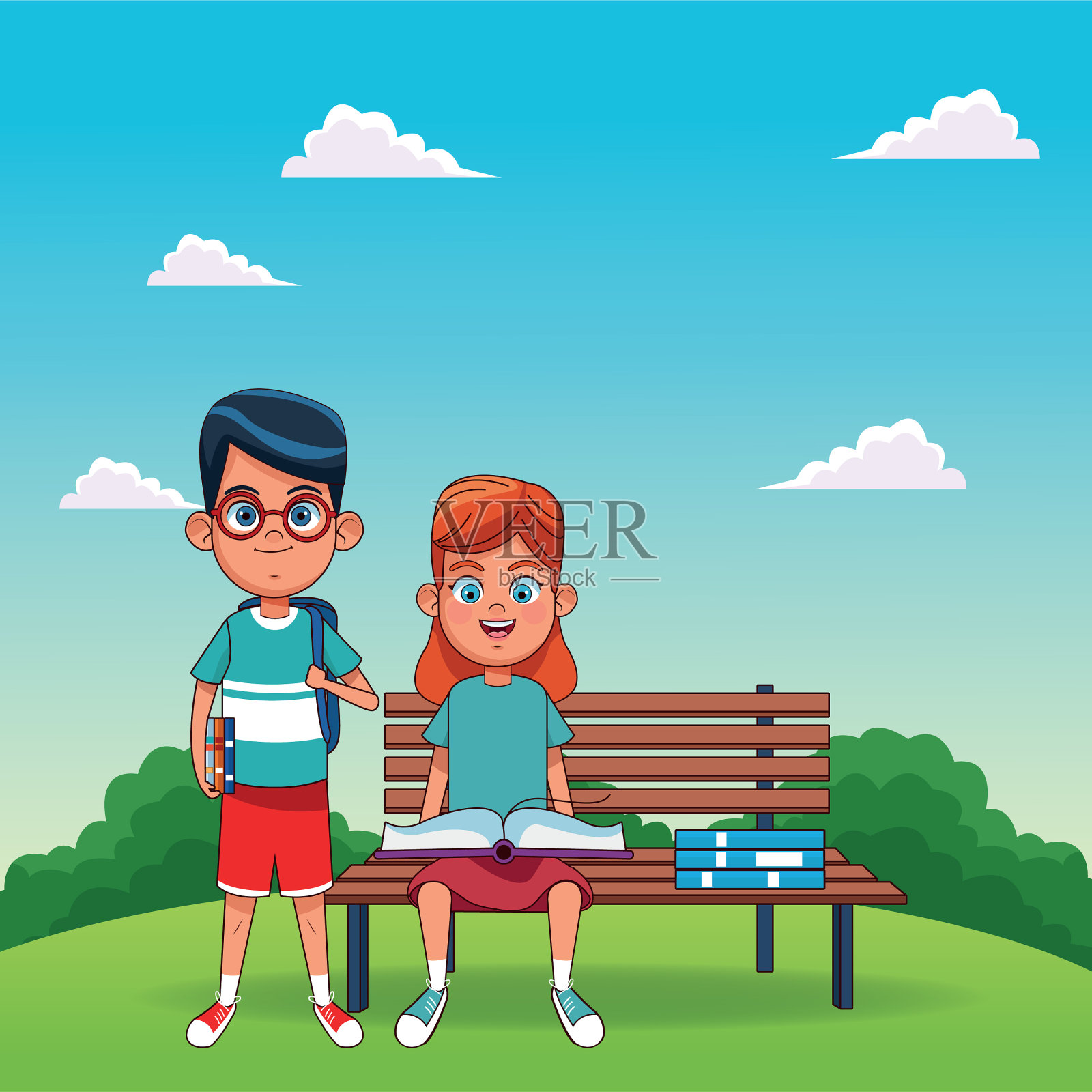 卡通男孩旁边站着一个女孩在看书插画图片素材
