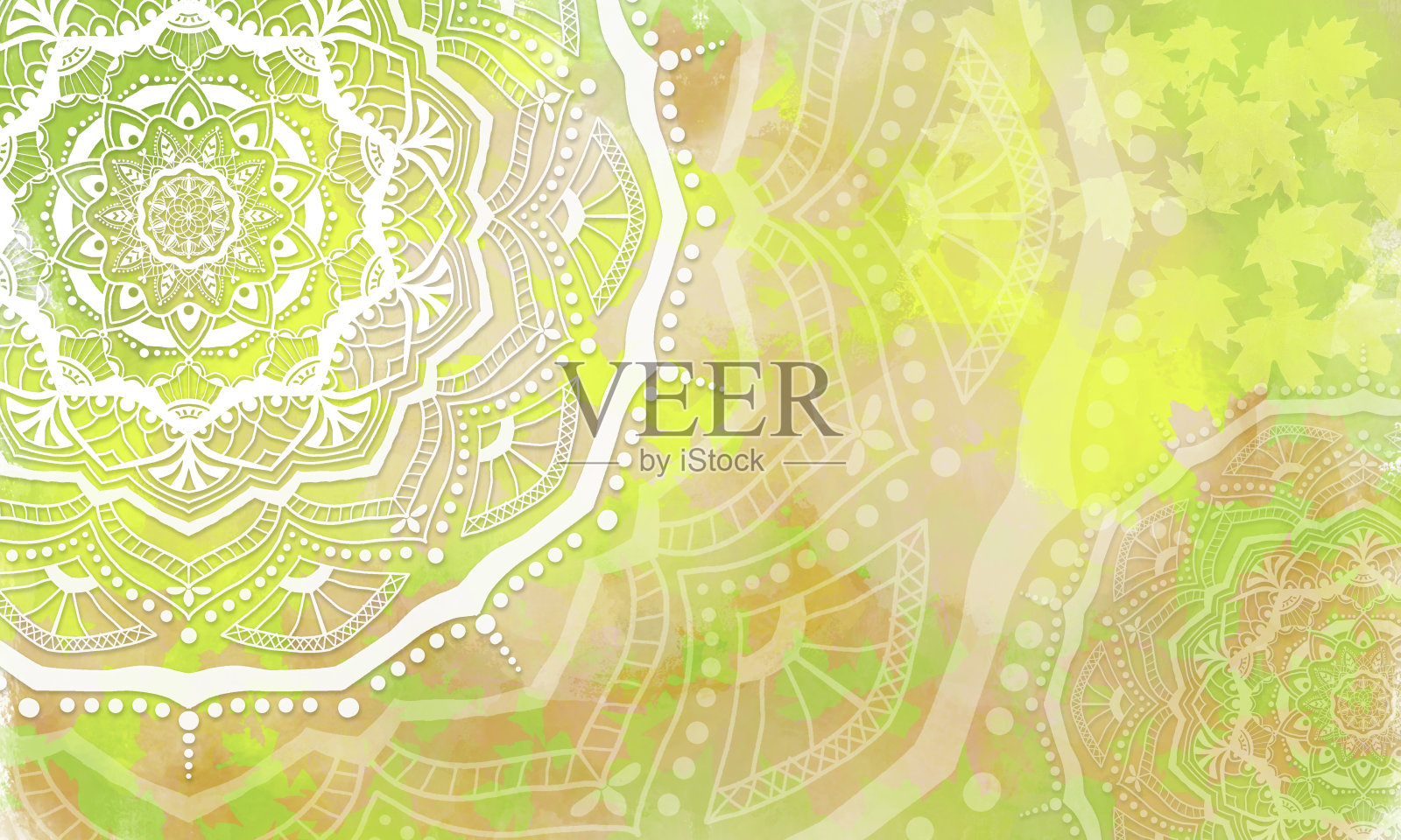 曼荼罗-手绘曼海蒂图案曼荼罗在彩色的叶子背景插画图片素材