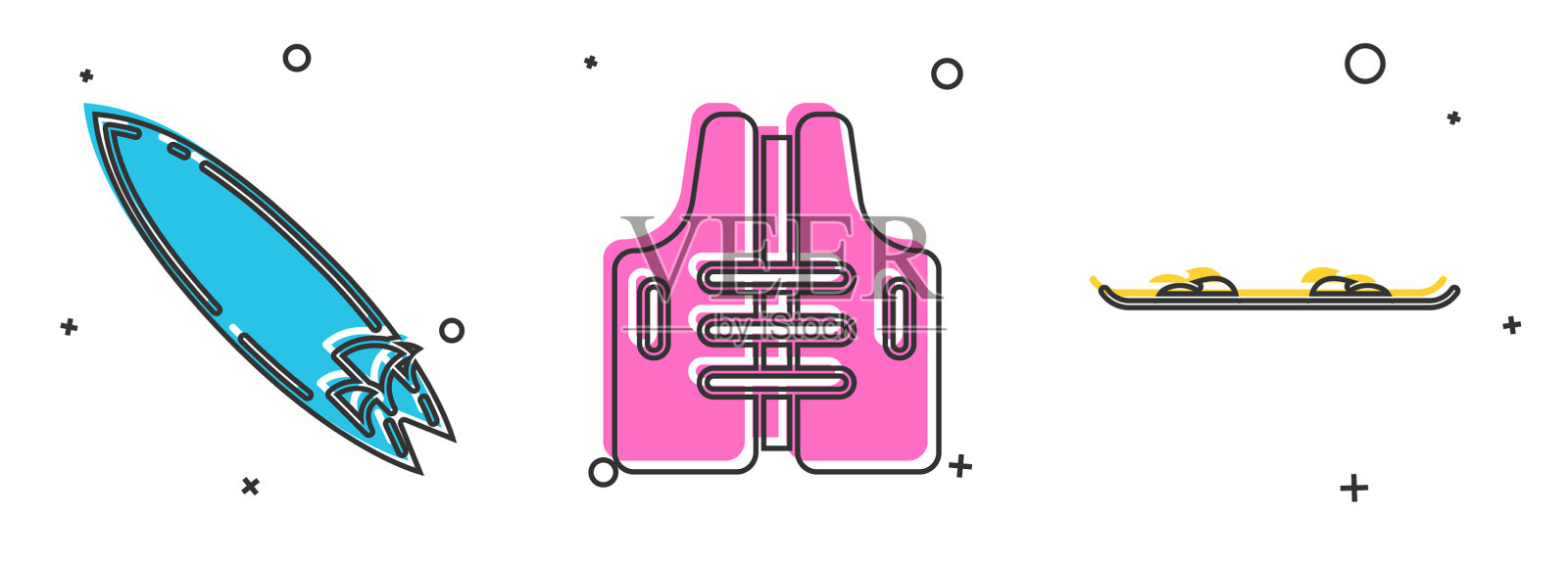设置冲浪板救生衣和滑雪板图标图标素材