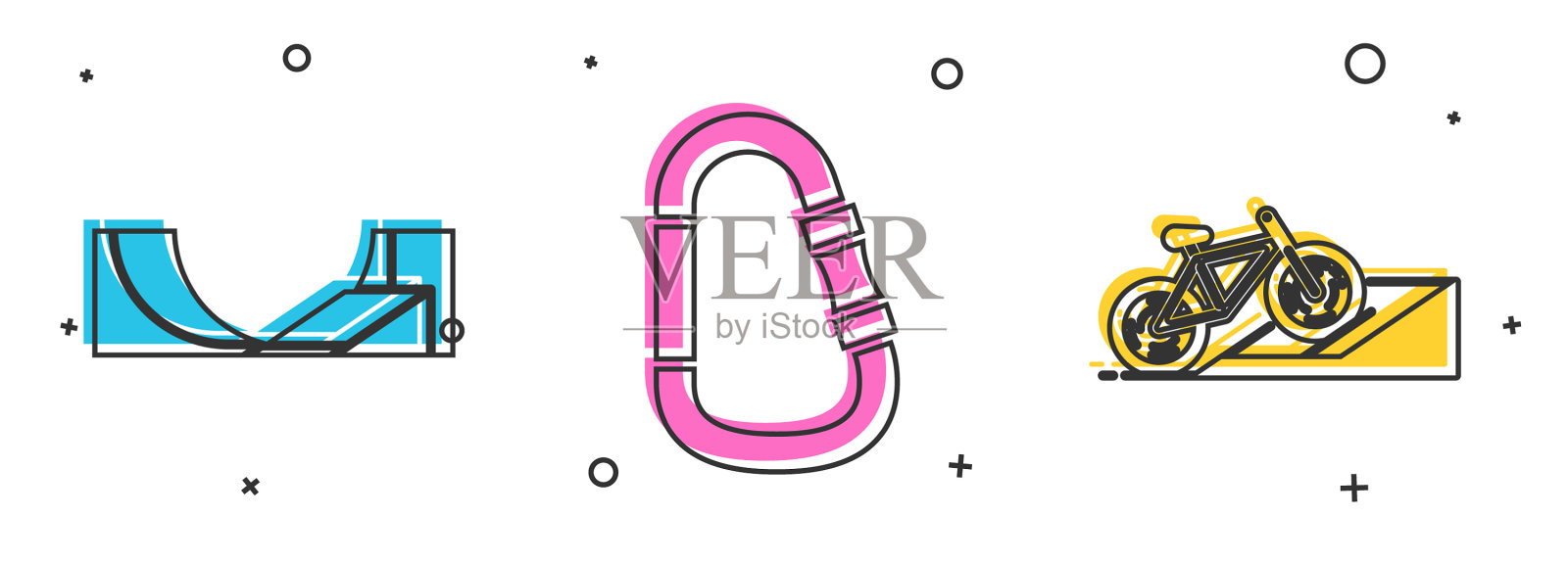 设置滑板公园钩和自行车在街上图标素材