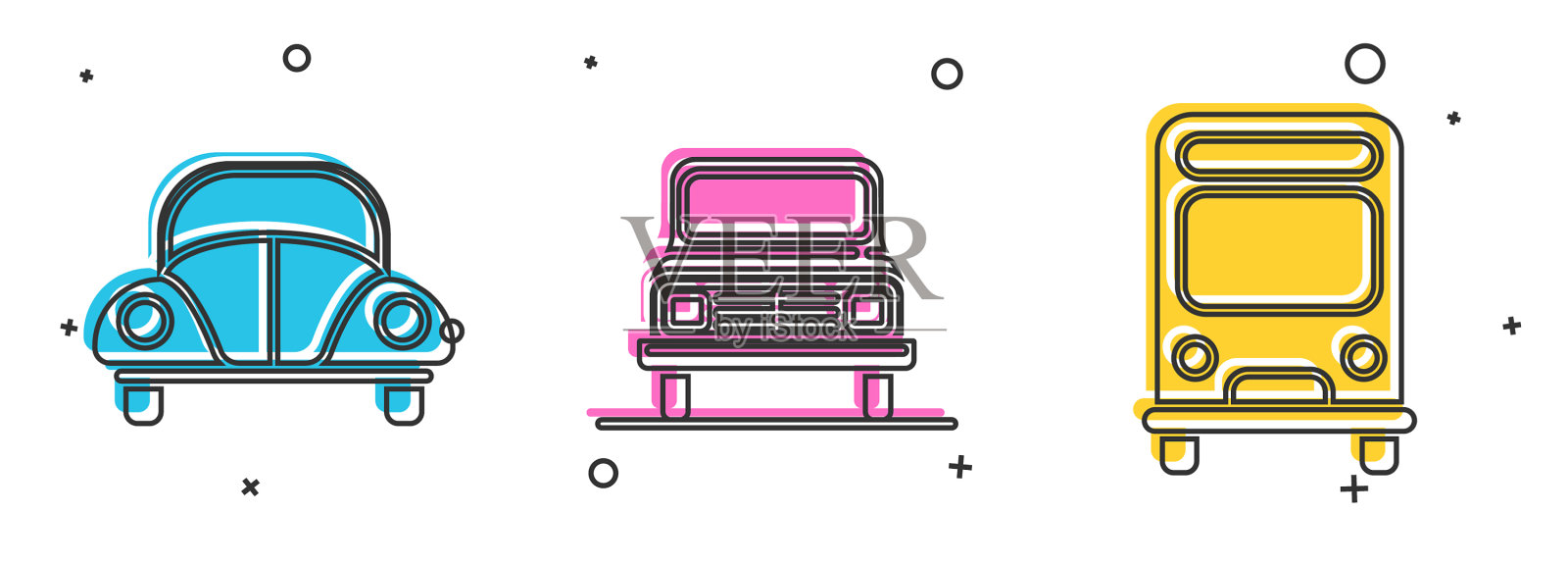 设置汽车大众甲壳虫汽车和巴士图标图标素材