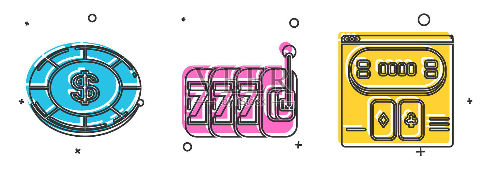 设置赌场筹码与美元符号老虎机图标素材