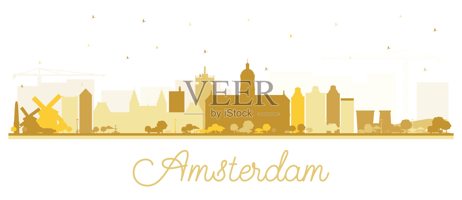 荷兰阿姆斯特丹城市天际线剪影与金色建筑孤立在白色。插画图片素材