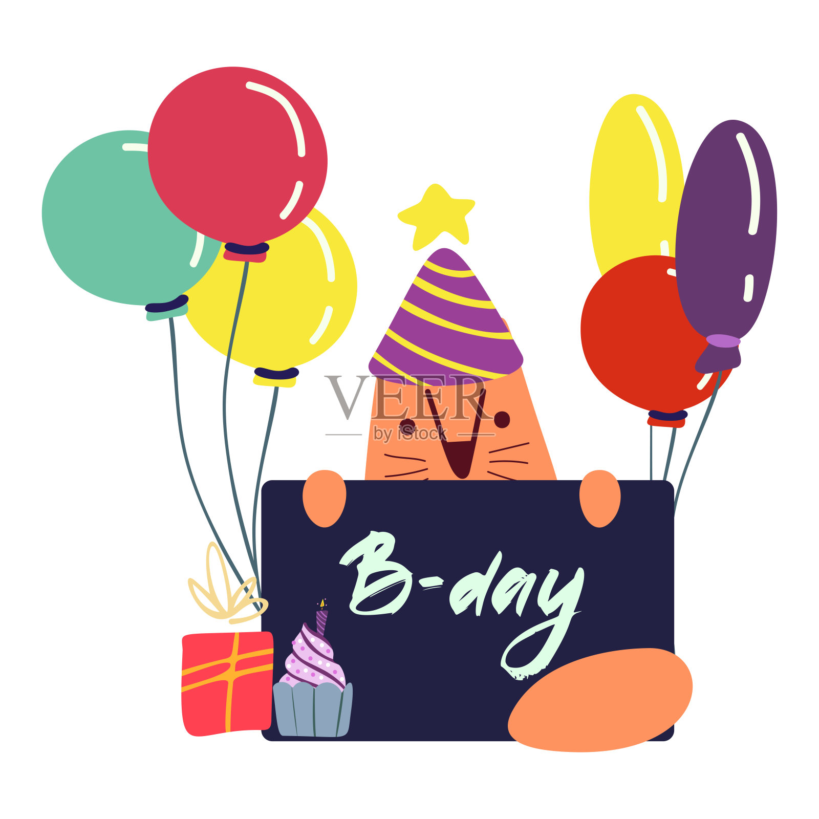 有趣可爱的矢量手绘插图。红猫拿着一张海报，旁边是礼物和气球。生日庆祝活动的概念。诺曼底登陆刻字。设计为卡片，横幅，海报，纺织品。插画图片素材