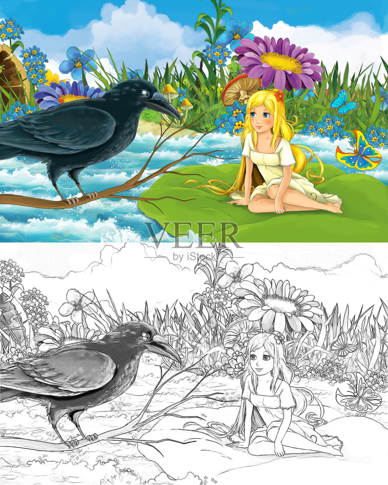 卡通场景与美丽的女孩、精灵公主和动物鸟的素描插画图片素材