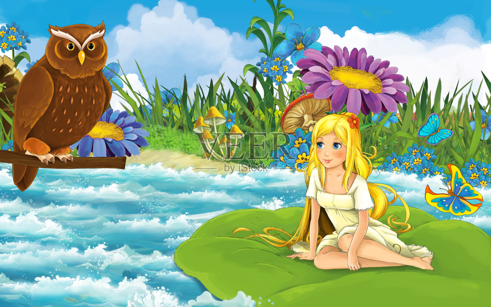 卡通场景中，一个年轻美丽的小女孩在森林里与一只野鸟在树叶上航行插画图片素材