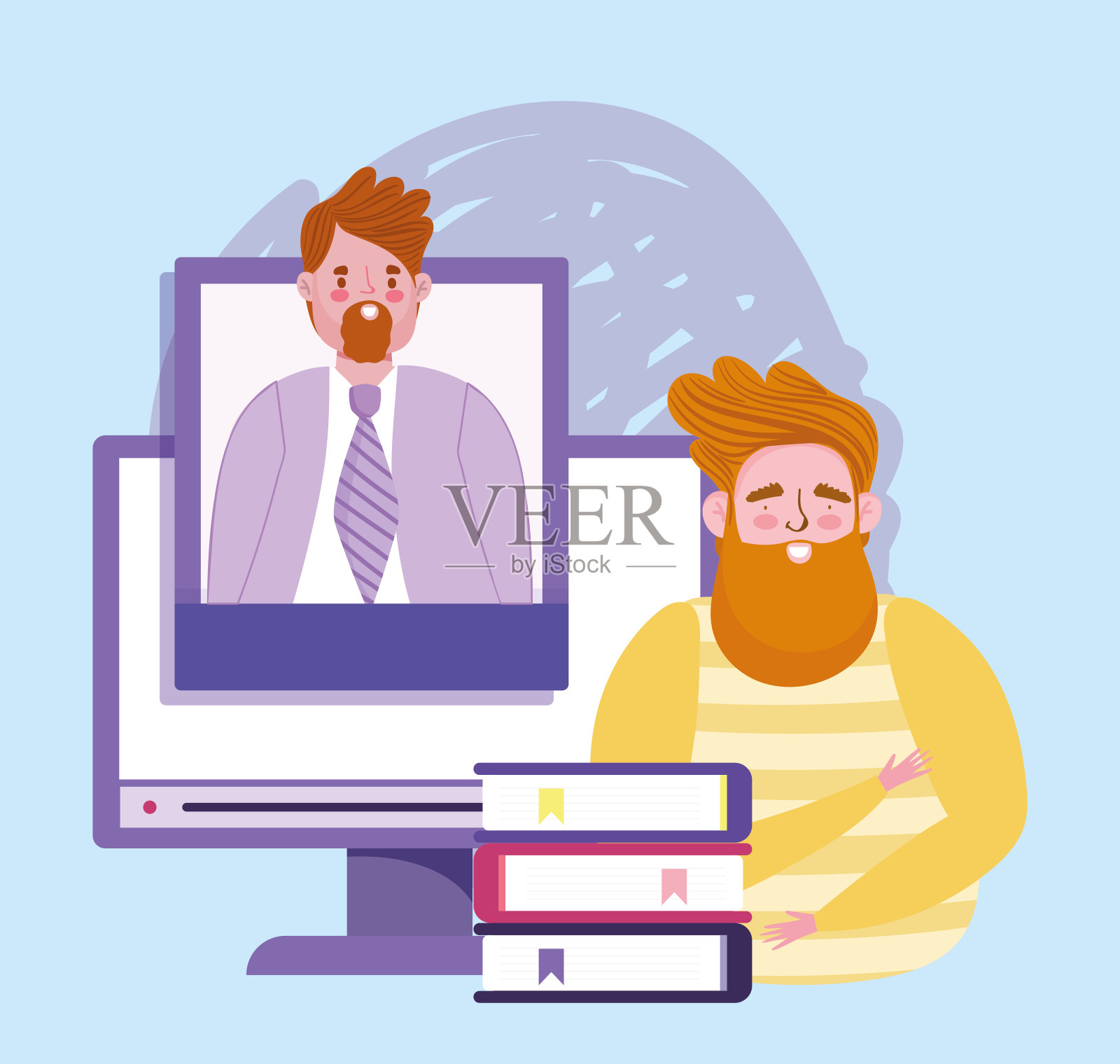 在线教育教师计算机网络和书籍学习插画图片素材