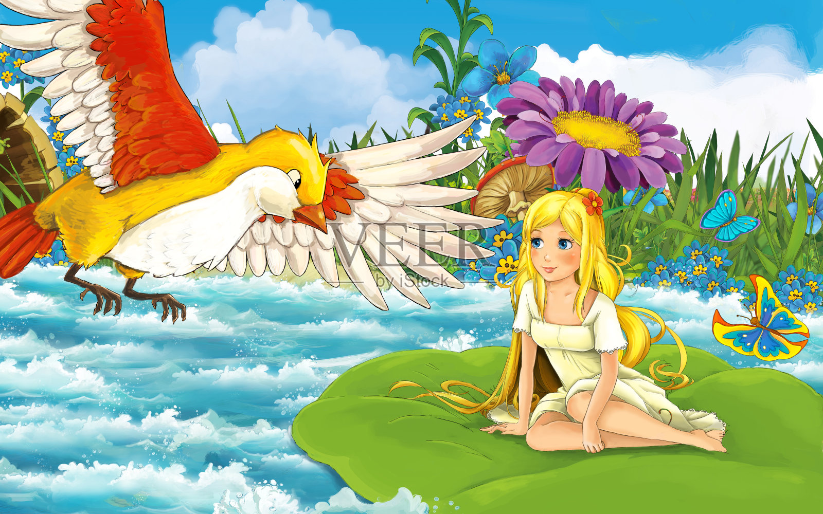 卡通场景中，一个年轻美丽的小女孩在森林里与一只野鸟在树叶上航行插画图片素材