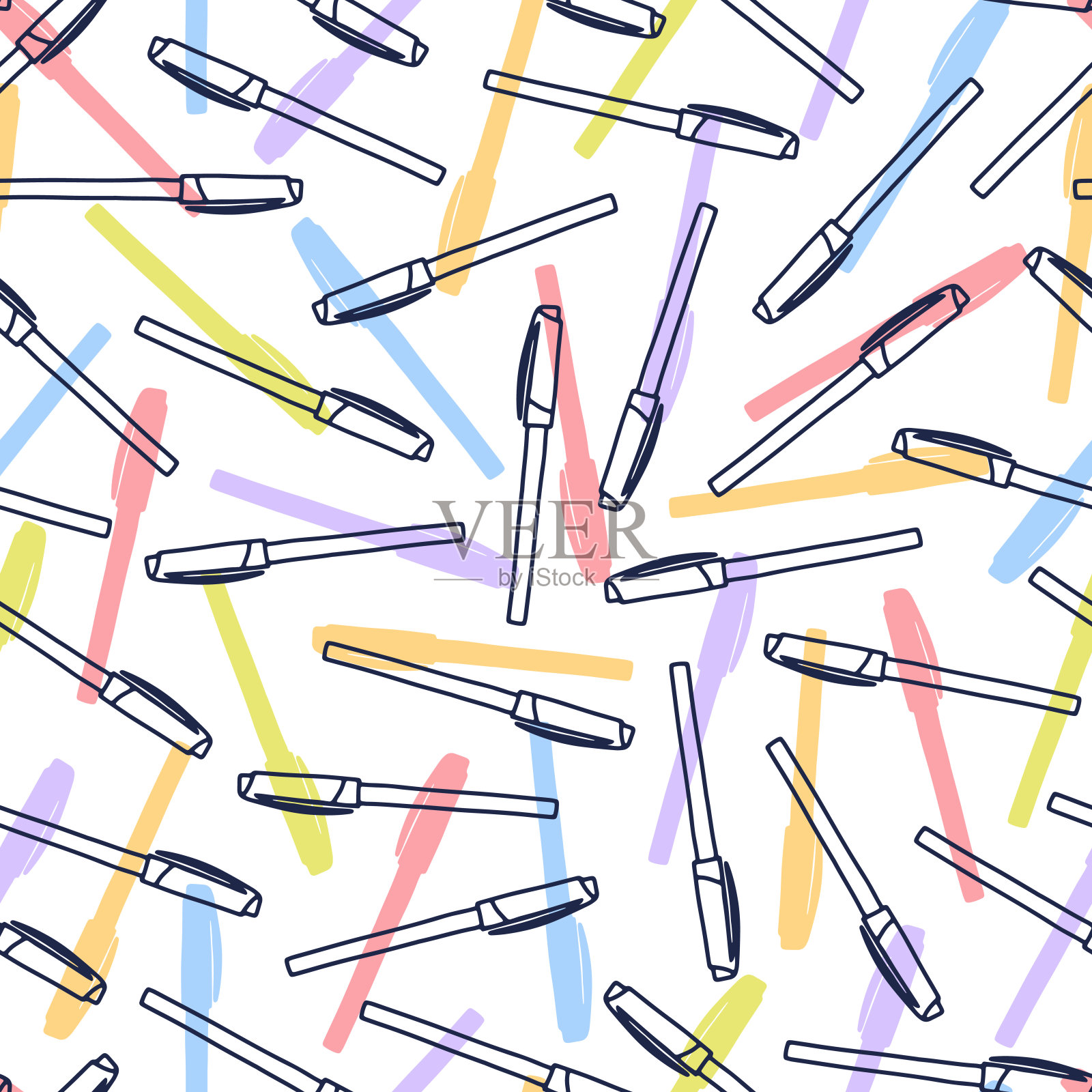 彩笔图案卡通风格。无缝纹理与笔。涂鸦向量元素。回到学校背景。手绘草图。插画图片素材