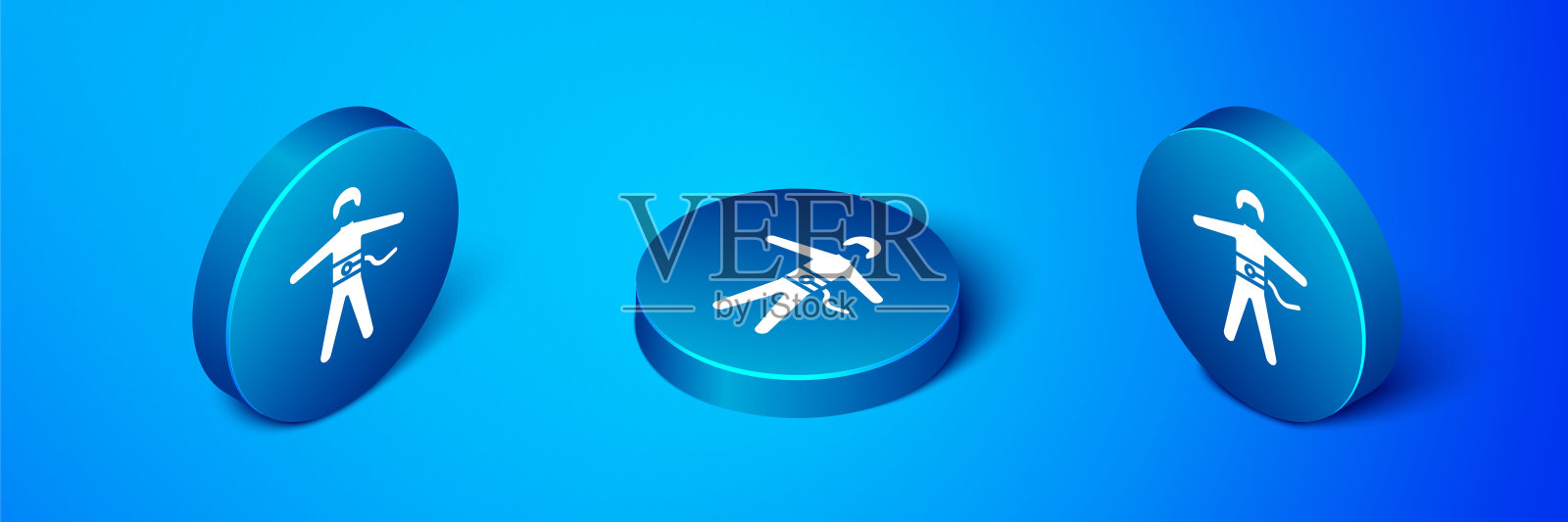 等距蹦极图标孤立在蓝色背景。蓝色圆按钮。矢量图插画图片素材