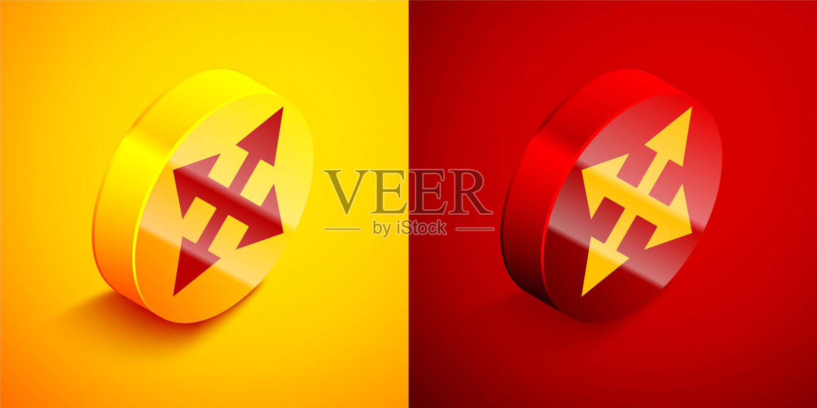 等距道路交通标志。路标图标隔离在橙色和红色的背景上。指针的象征。孤立的街道信息标志。方向的信号。圆按钮。矢量图图标素材