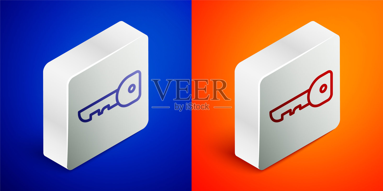 等距线键图标隔离在蓝色和橙色背景。银广场按钮。矢量图图标素材