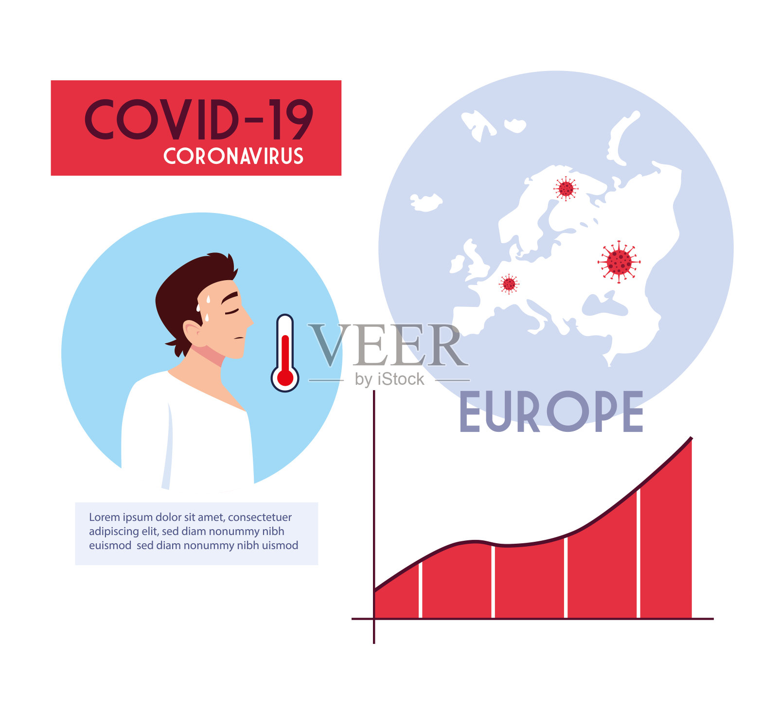 男子和欧洲地图与COVID-19病毒矢量设计插画图片素材