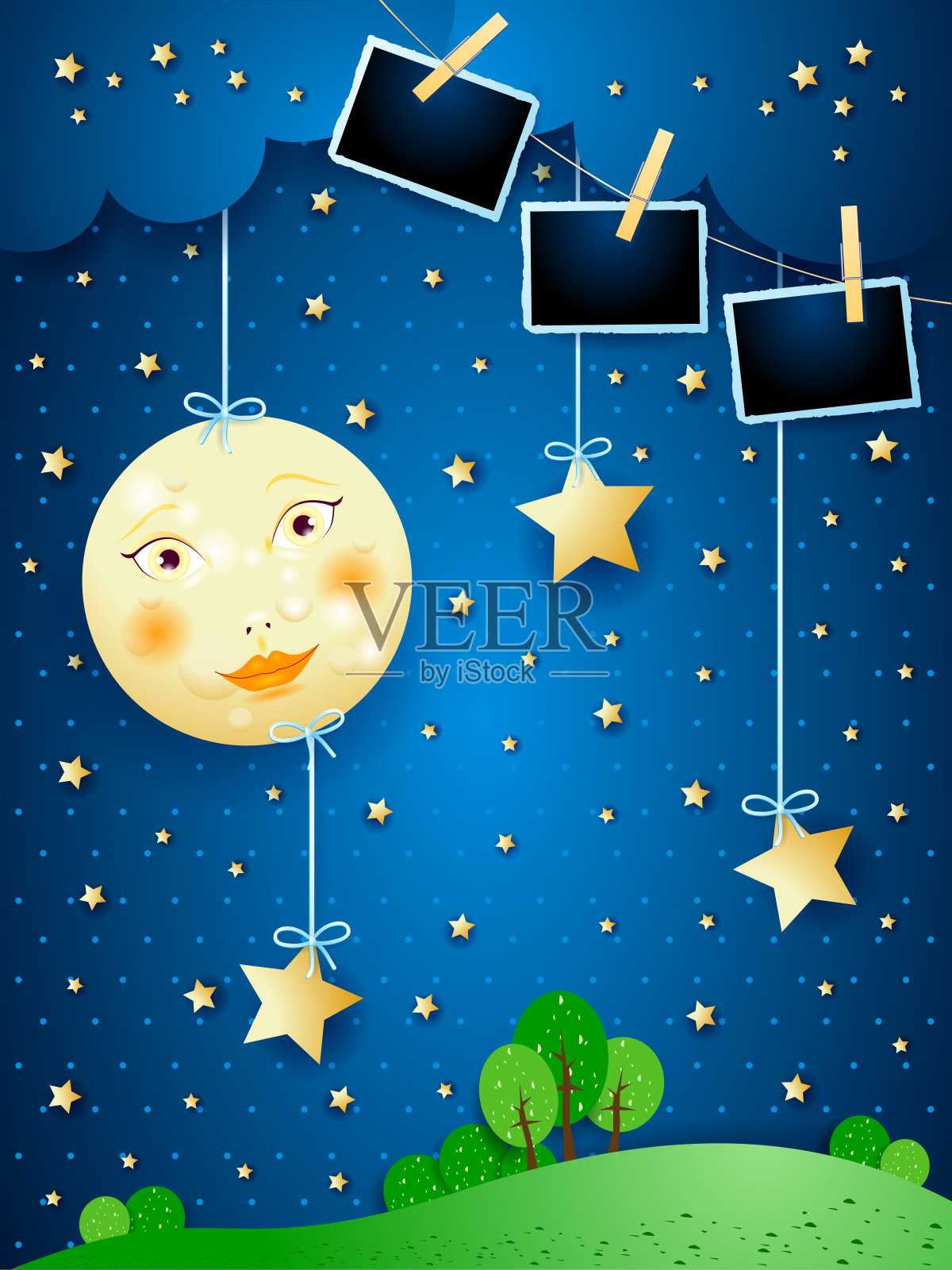 梦幻般的夜晚，满月，星星和相框插画图片素材