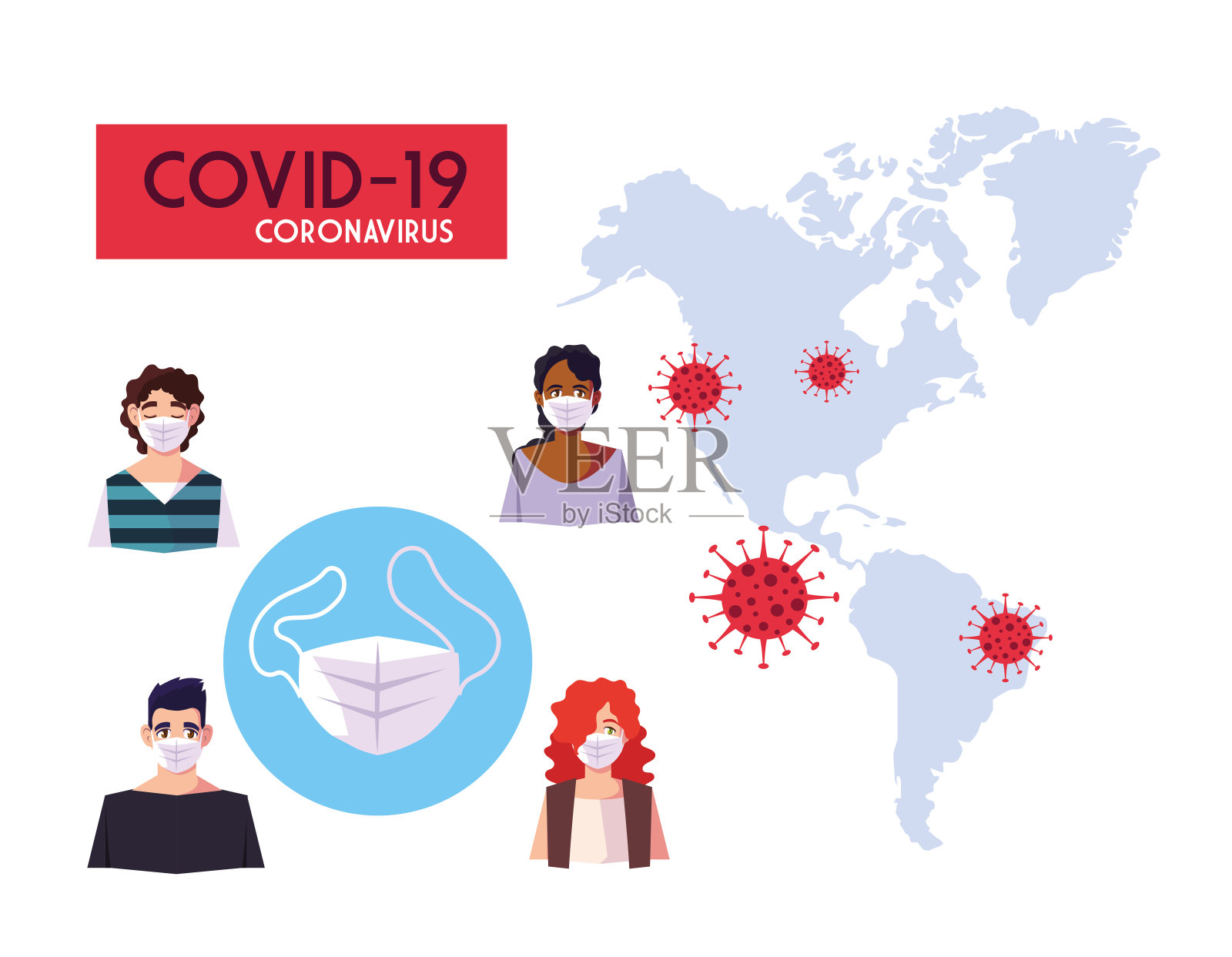 戴口罩的妇女和男子以及设计了covid - 19病毒载体的世界地图插画图片素材