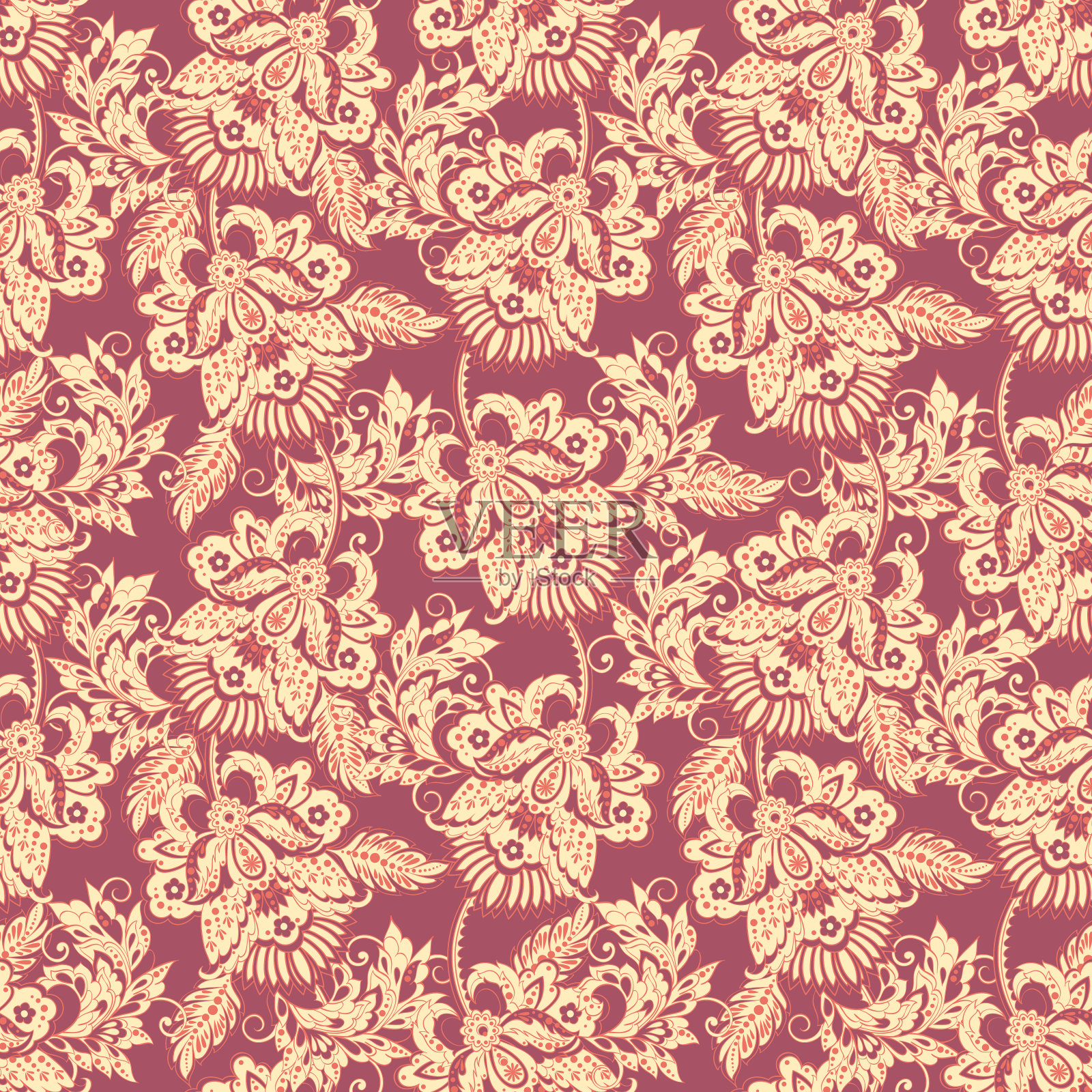 优雅的无缝图案与民族花卉和叶子，矢量花卉插图在复古风格插画图片素材