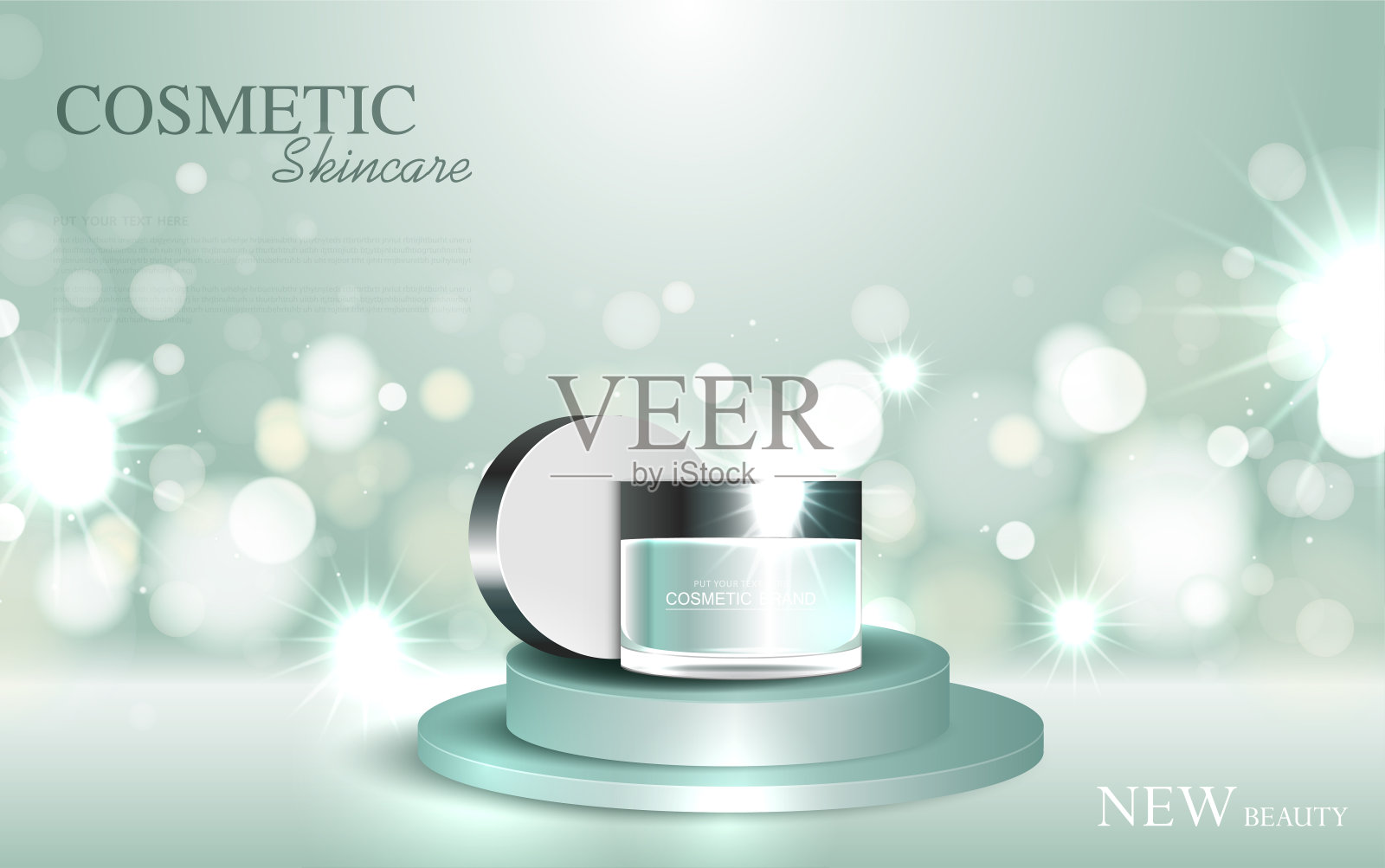 补水面霜年度特卖或节日特卖。绿色膏霜设置面膜瓶隔离在亮片颗粒背景，用于产品展示。优雅的化妆品广告，矢量插图设计模板素材