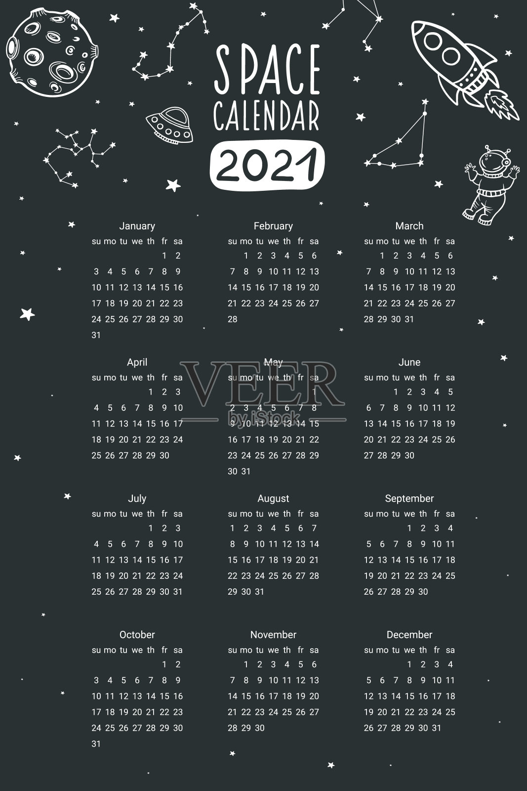 日历。空间的日历。矢量插图涂鸦风格。星星、宇航员、飞碟、月亮、星座、宇宙飞船。插画图片素材