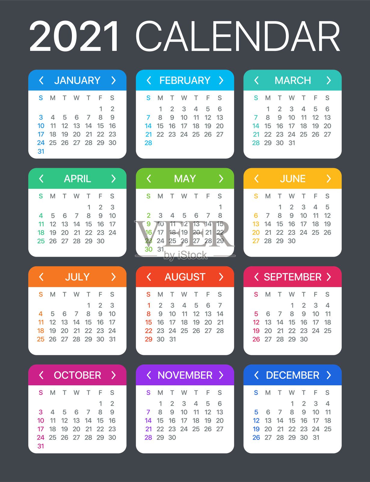 2021年日历-矢量模板图形插图-周日至周一设计模板素材