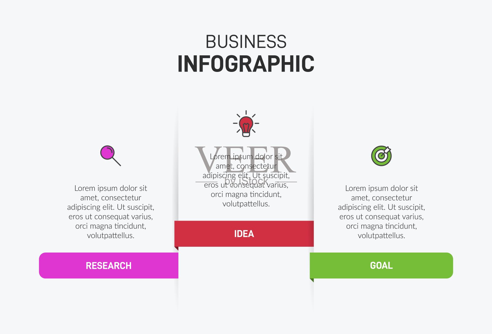 箭头商业模式的概念，分为三个连续的步骤。三个色彩丰富的图形元素。宣传册、演示的时间线设计。信息图表设计布局。插画图片素材