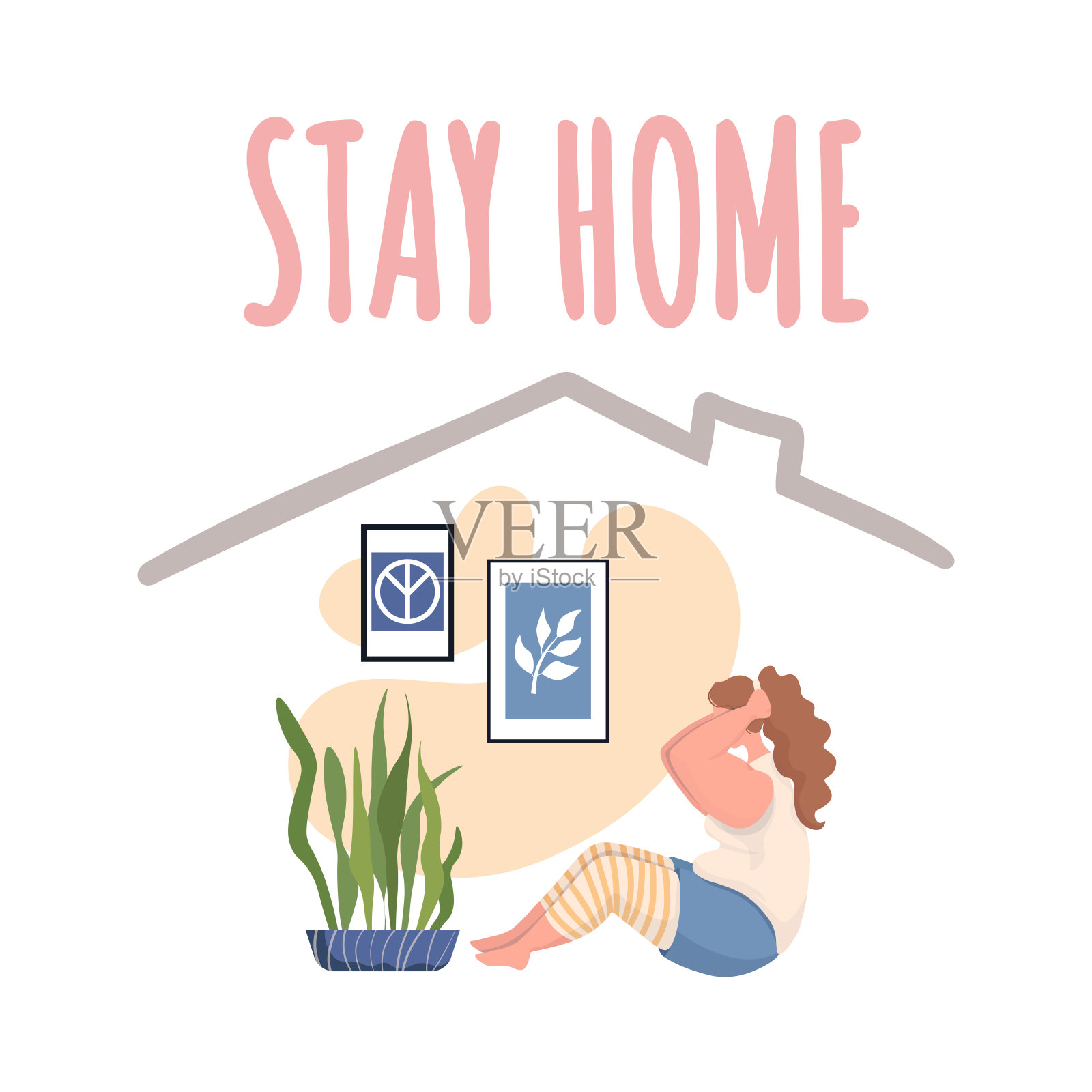 居家横幅设计。妇女在做运动，在冠状病毒爆发期间做运动。插画图片素材