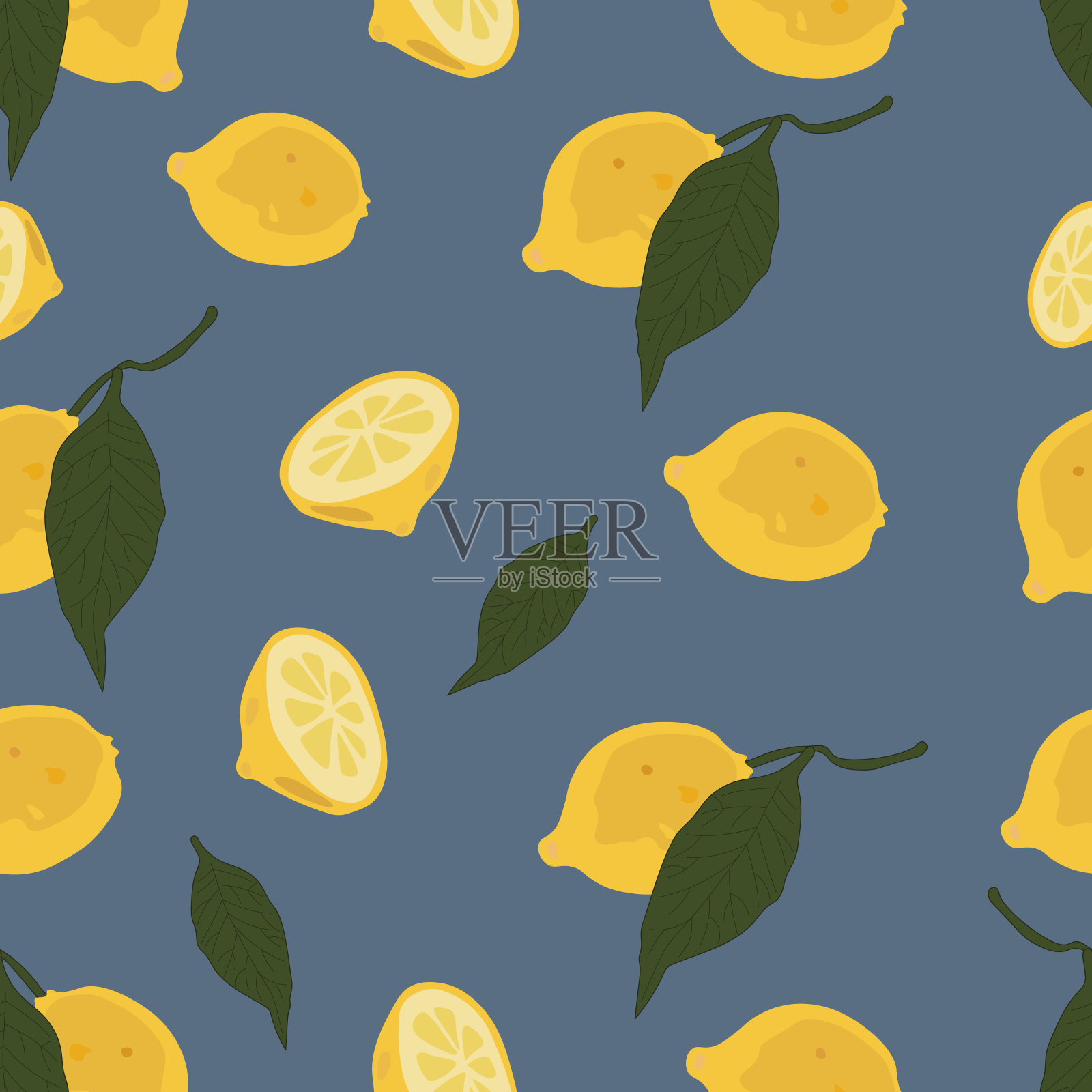 清新的柠檬果实，绿色的叶子。蓝色背景下的黄色水果。一个柠檬。成熟的柑橘。涂鸦最小的风格。矢量插图。插画图片素材