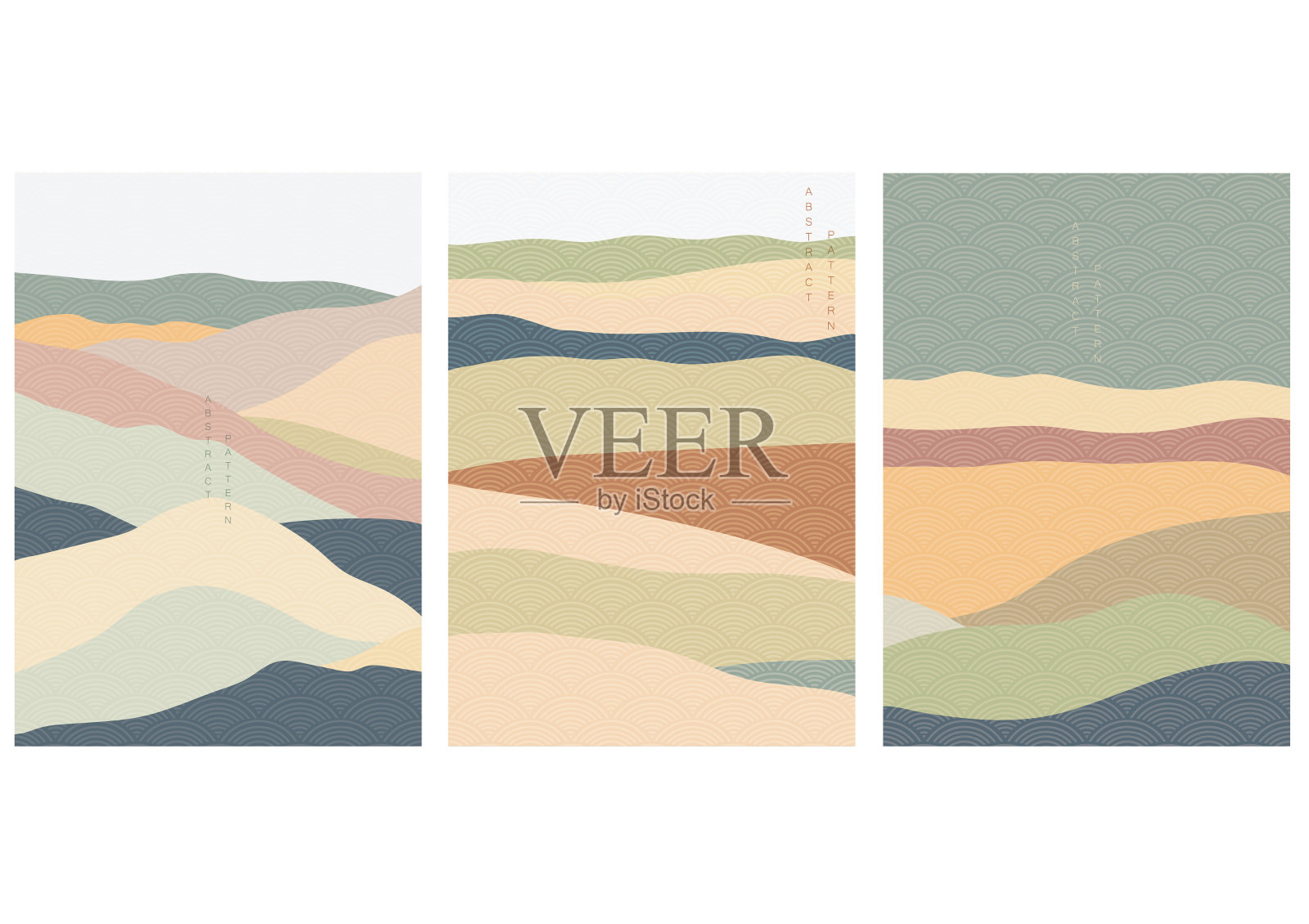 景观背景与日本波浪模式向量。山模板与蜡笔风格。抽象的壁纸。插画图片素材