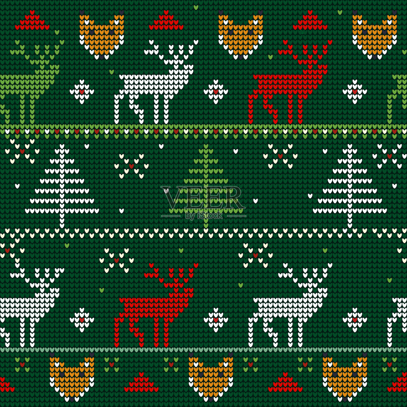 无缝矢量图案针织鹿，狐狸和圣诞树插画图片素材