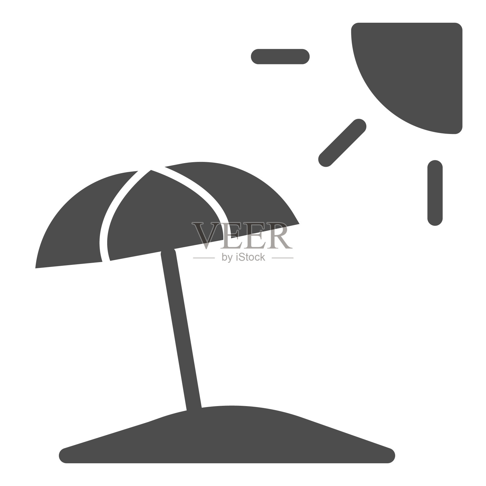 夏天的海滩与伞和太阳固体图标，夏天的概念，海滩伞标志在白色的背景，海滩伞图标在字形风格的移动概念和网页设计。矢量图形。插画图片素材