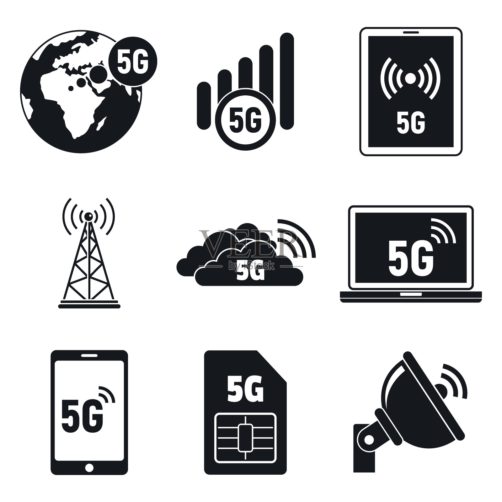 5G电信图标集，简约风格插画图片素材