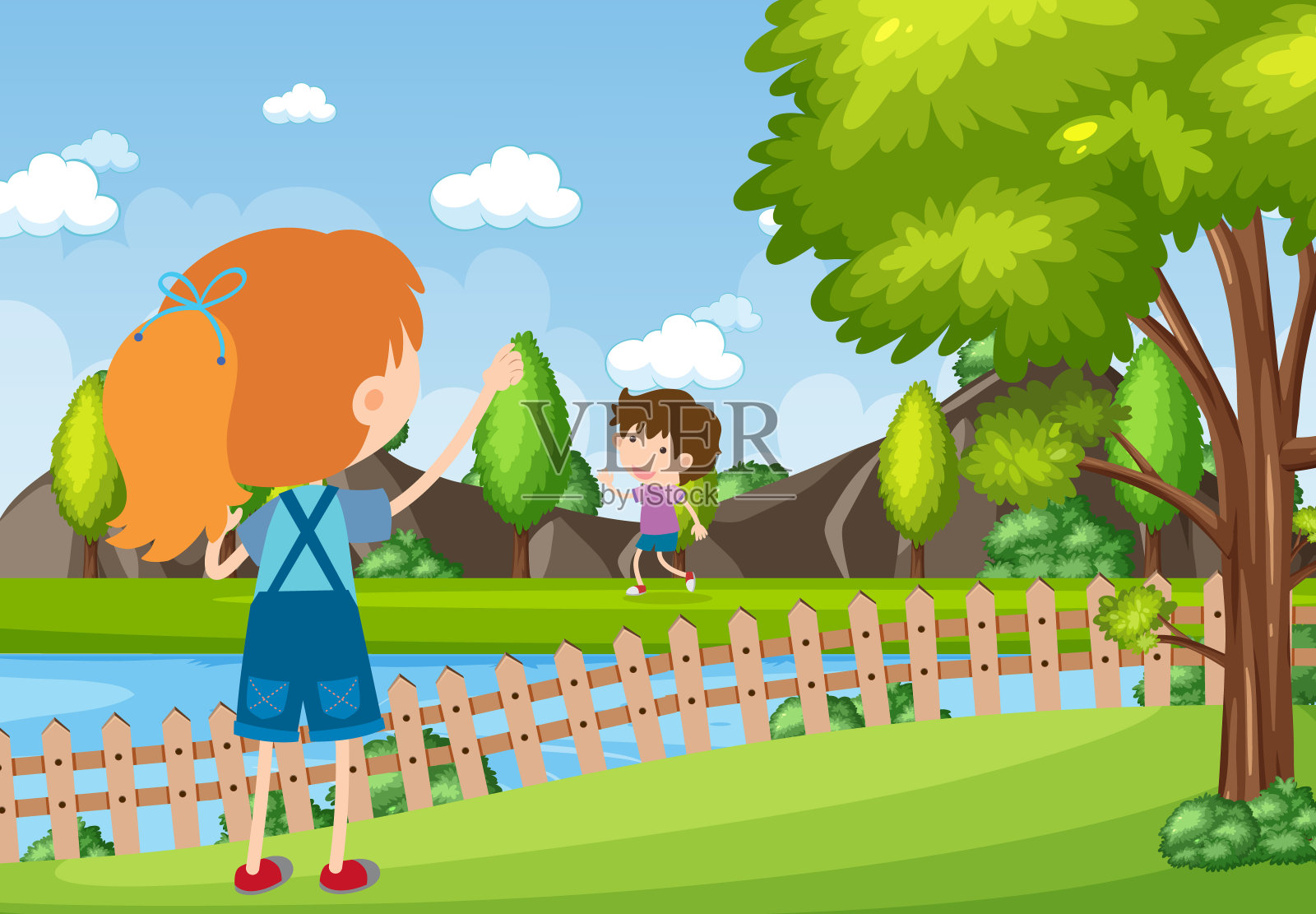 背景场景是公园里快乐的孩子们插画图片素材