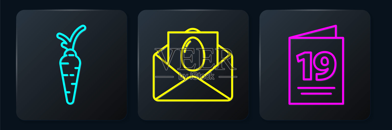 设行胡萝卜，贺卡与复活节快乐和贺卡与复活节快乐。黑色方形按钮。向量插画图片素材