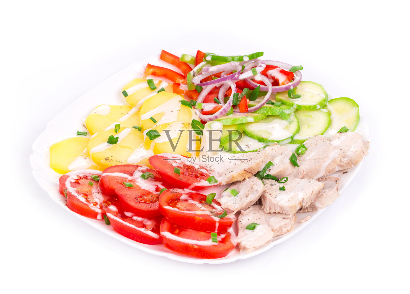 温热的肉和蔬菜沙拉就像高级菜肴。照片摄影图片