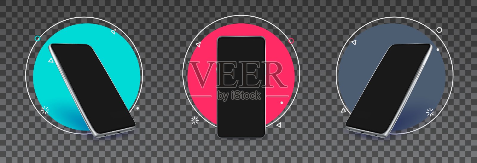 现实的智能手机模型。电话模板与圆形设计元素和透明的背景插画图片素材