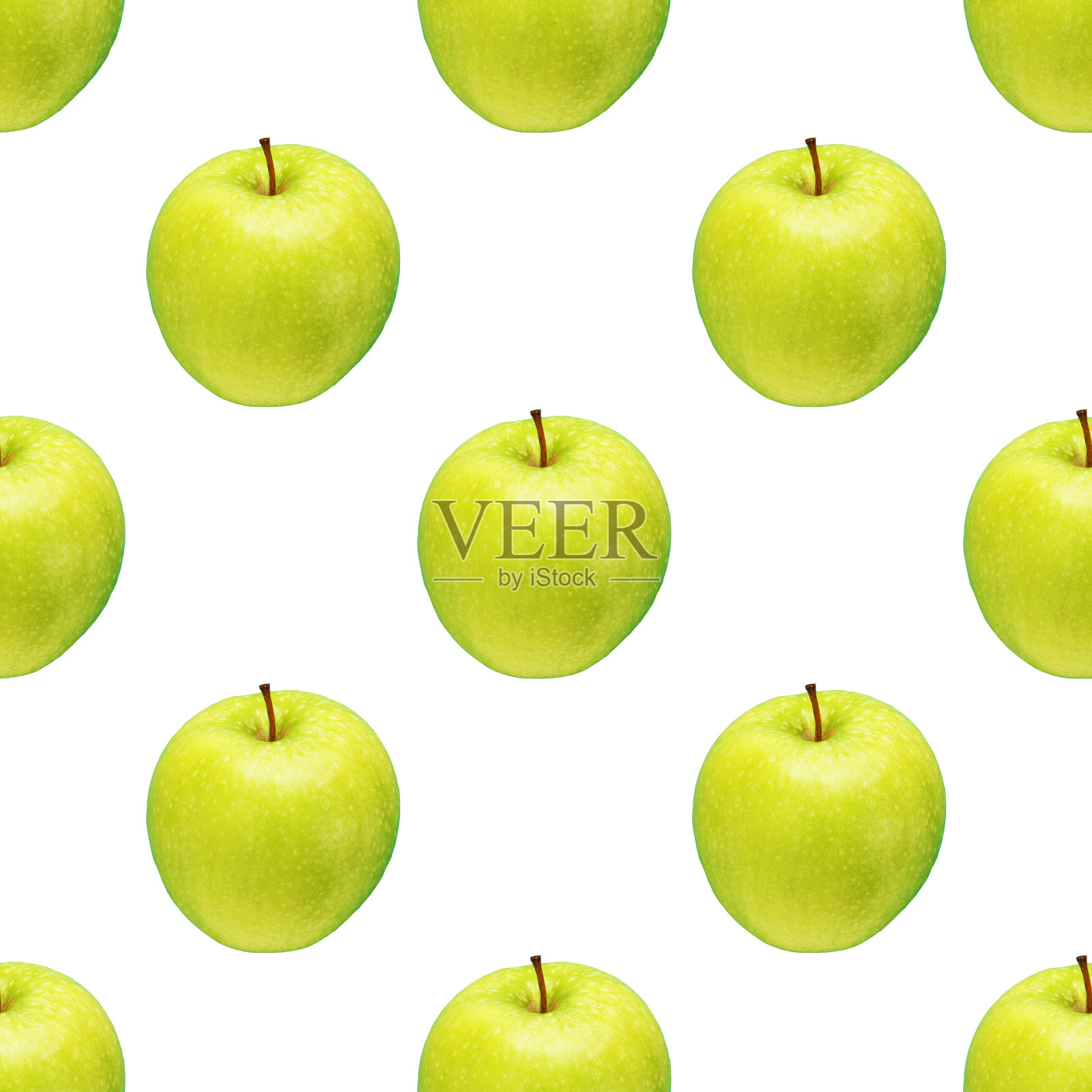 白色背景上的绿苹果图案。孤立的水果。图片为织物，墙纸和包装纸照片摄影图片