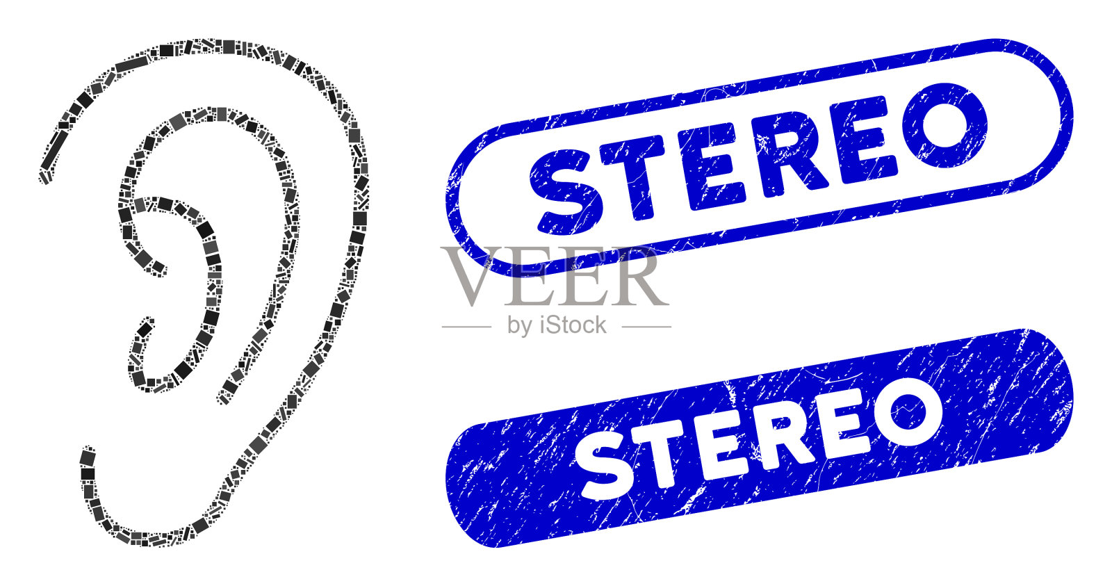 长方形拼贴听与刮立体声印章插画图片素材