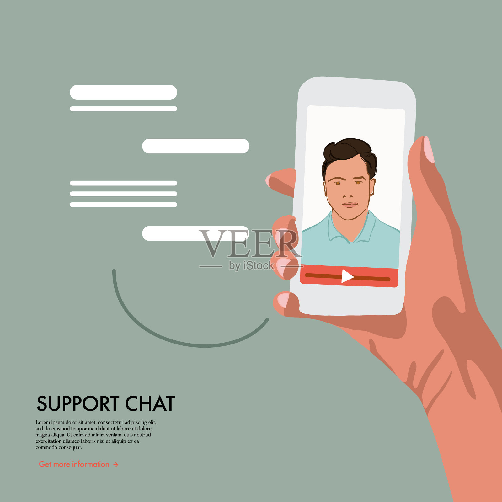 与在线助理进行视频聊天。虚拟技术支持服务，个人协助和热线接线员沟通。远程帮助客户或技术咨询。矢量插图集插画图片素材