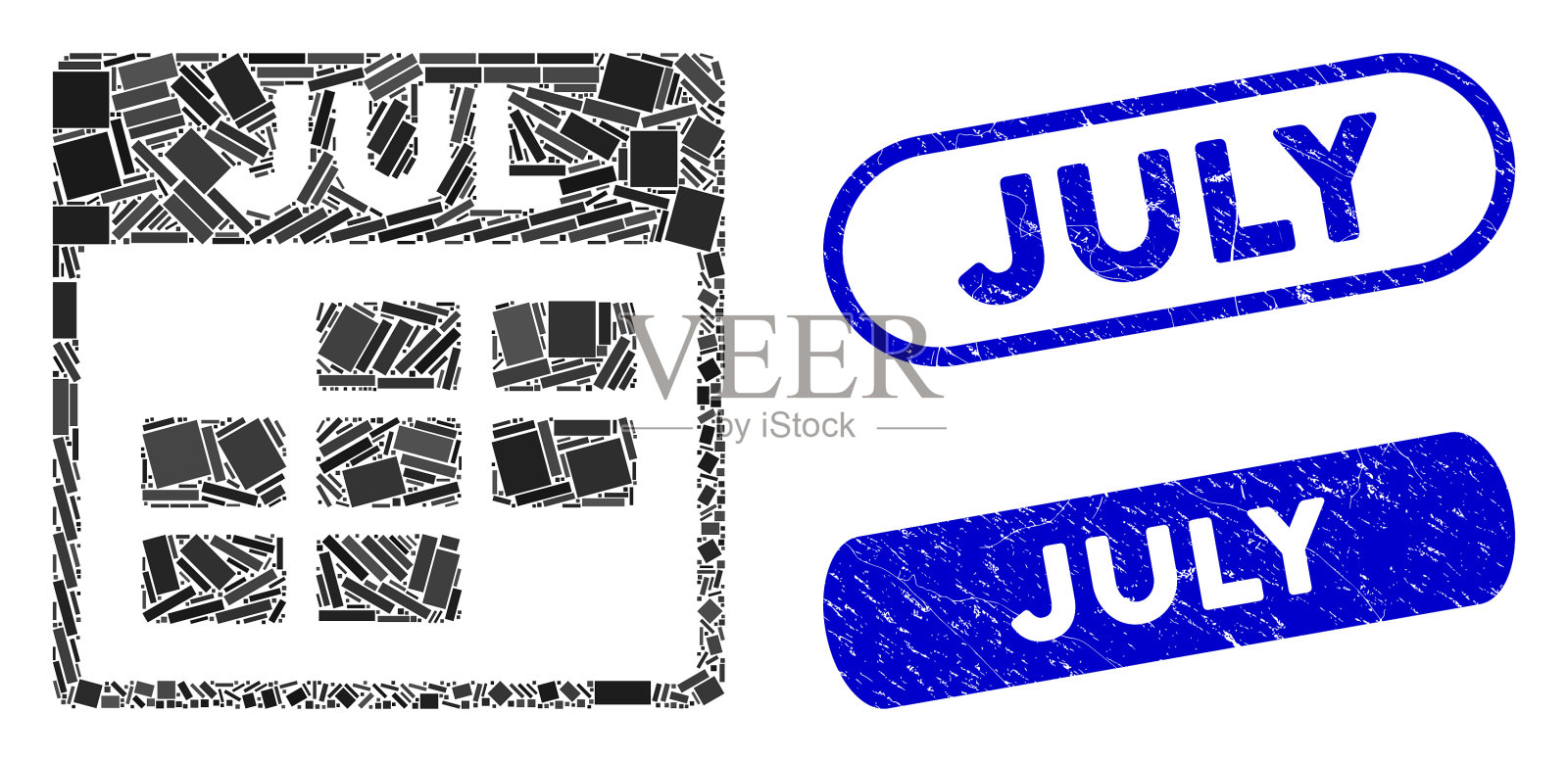 矩形拼贴七月日历网格与垃圾插画图片素材