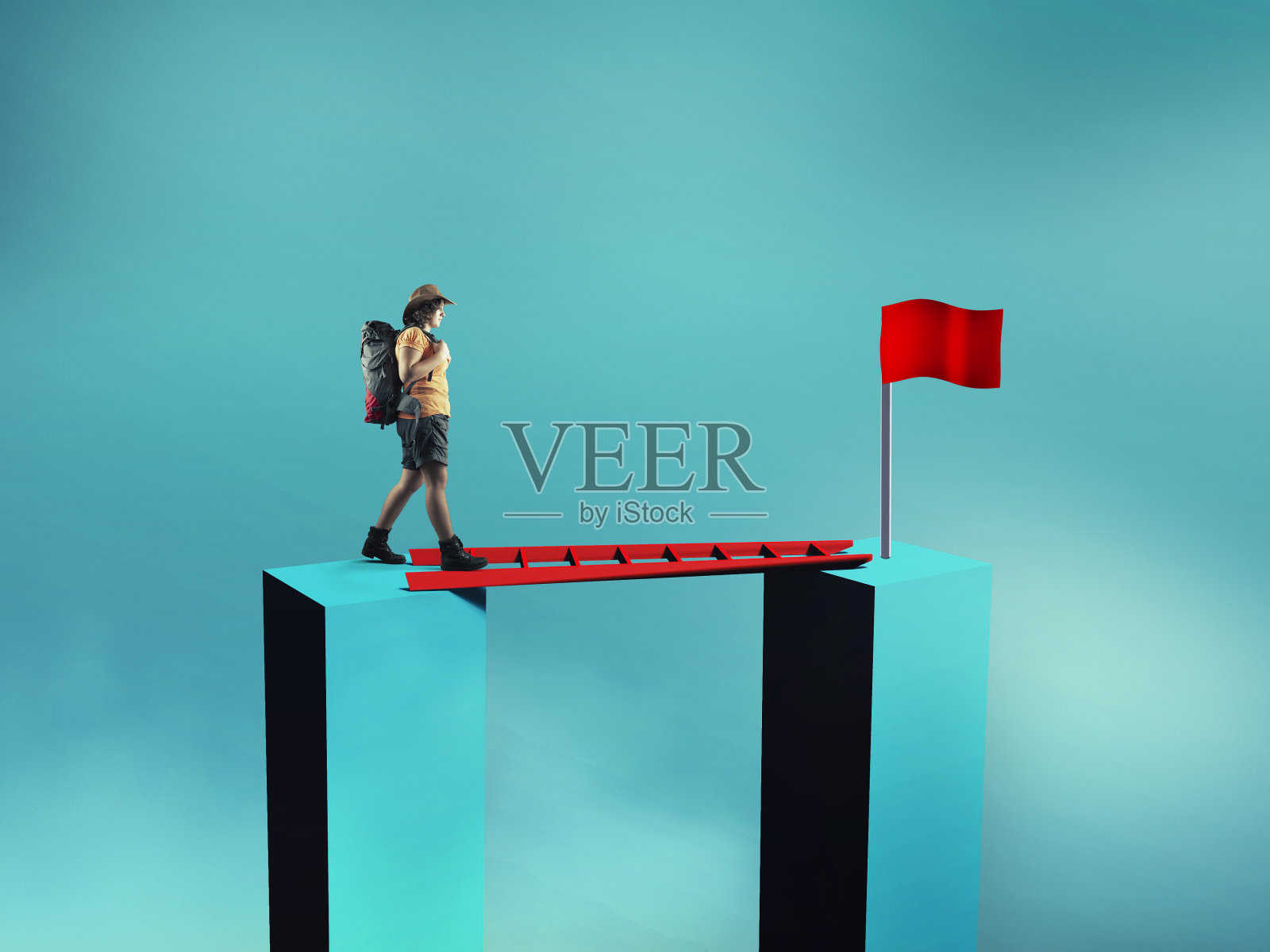 旅行者在两个立方体之间的梯子上行走。通往成功的道路。克服障碍的概念。照片摄影图片