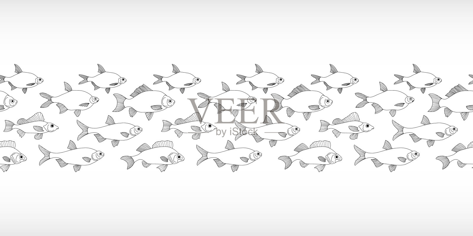 涂鸦鱼无缝边界。海产品手绘线条艺术。着色页书。向量股票插图插画图片素材