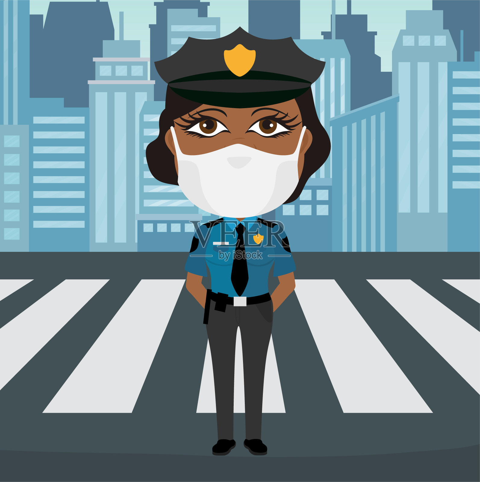 女警黑色带病毒口罩双手背后与蓝色衬衫黄色徽章黑色裤子和帽子在城市插画图片素材